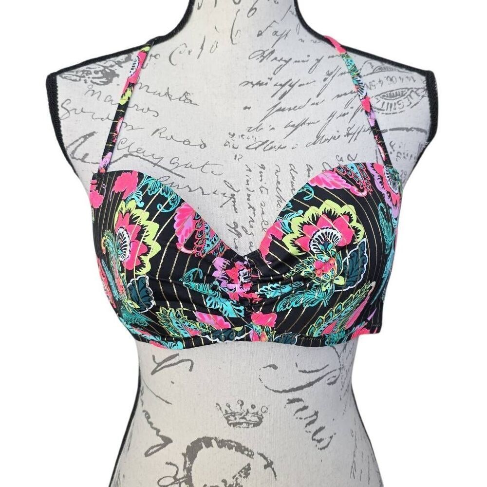 Shade & Shore Women’s Size 36C Black Pink Gold Stripe Knit Back Bikini Top